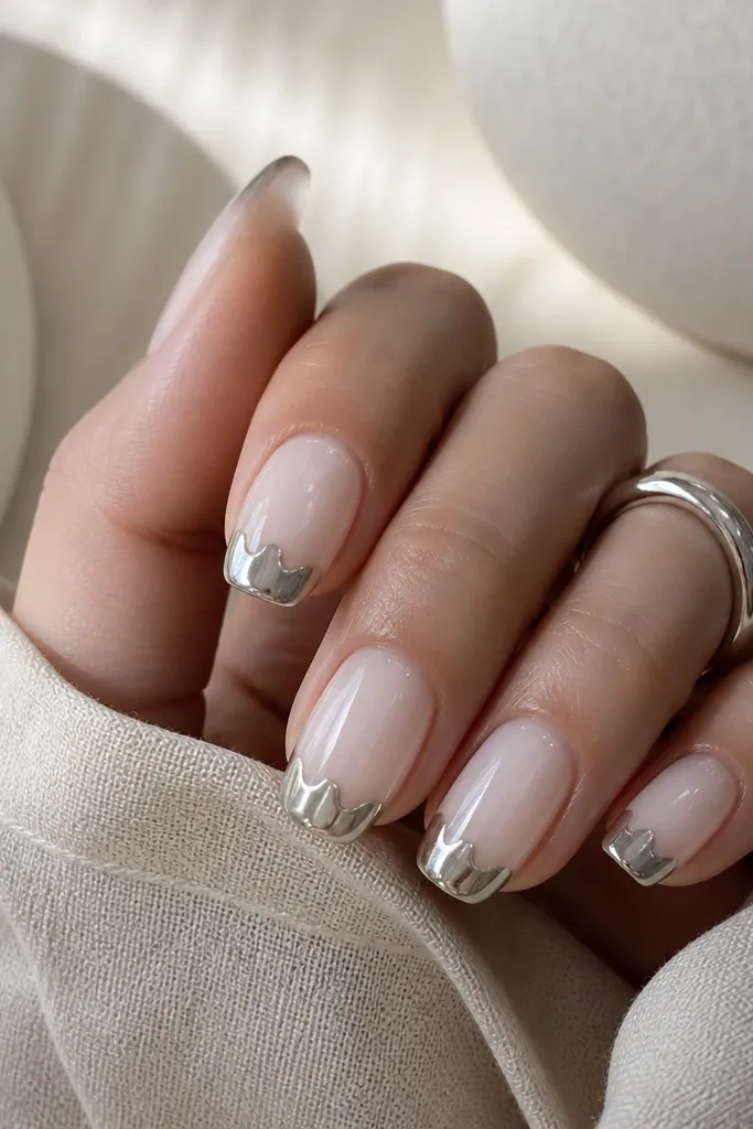 Nails fade from milky white near the cuticle to clear at the tips, with silver chrome applied only to the tip area in a soft, cloud-like shape.