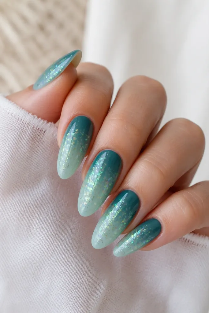 A sea-glass teal ombre fades into pale aqua, with scattered aurora chrome flecks concentrated near the center and tip.