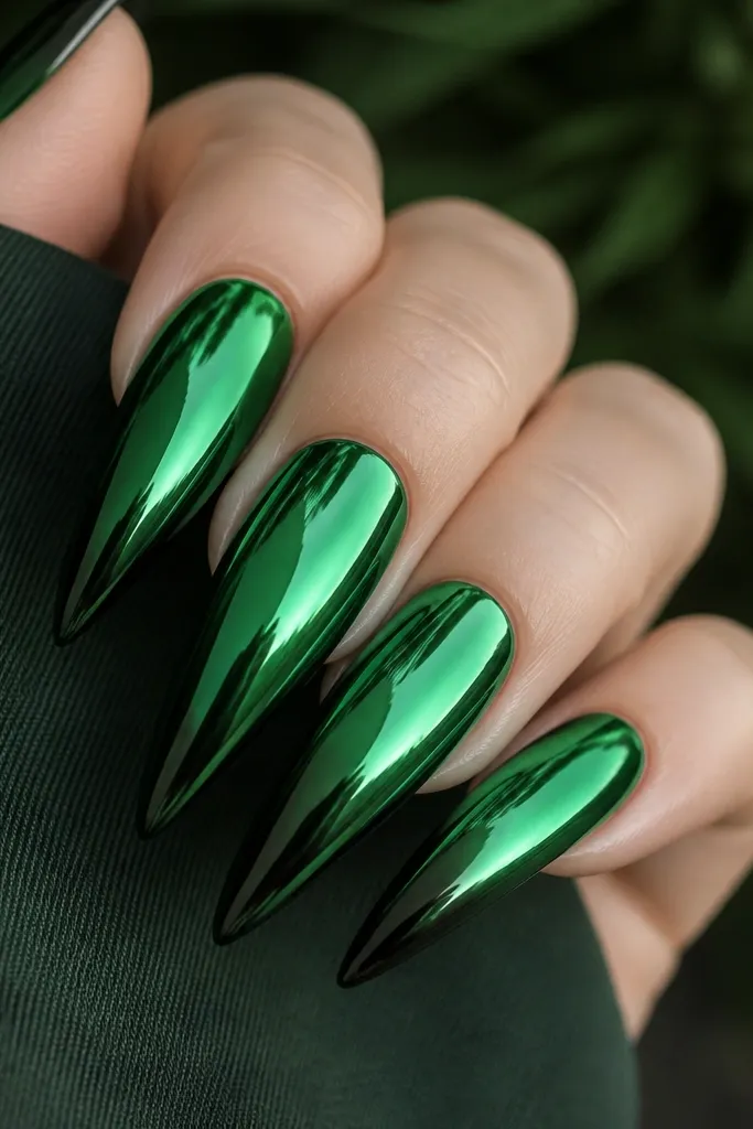A rich emerald ombre fades into near-black at the tips, fully covered with green mirror chrome that reflects neon flashes.