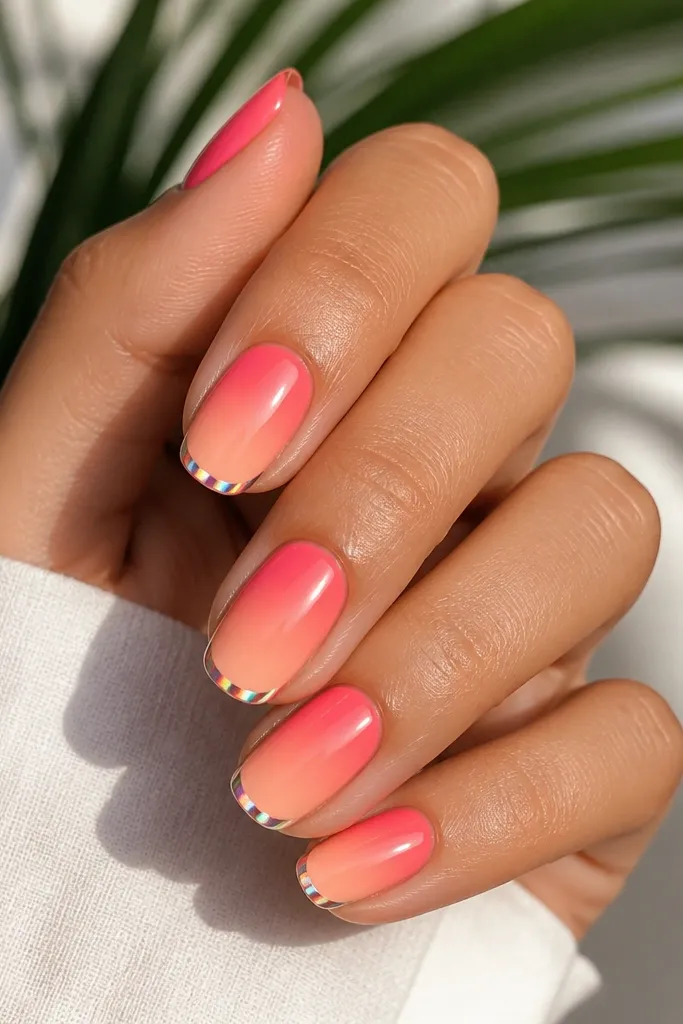 Coral ombre fades from hot coral at the cuticle to soft peach at the tip, with a narrow chrome edge in rainbow iridescent tones along the free border.