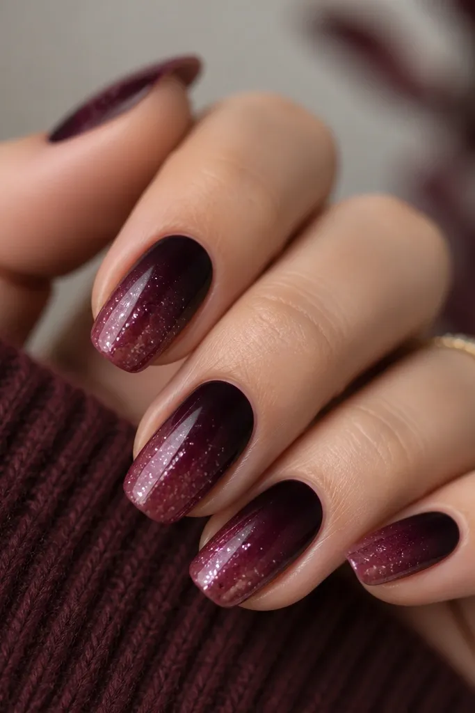 Plum ombre fades from deep plum at the cuticle into a softer wine at the tips, with tiny chrome specks scattered lightly across the middle and tip.