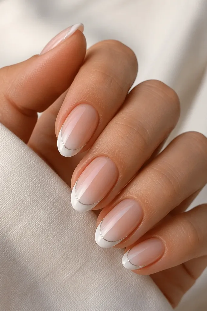 A nude-to-white ombre mimics French tips, with a thin silver chrome line following the smile curve at the free edge.