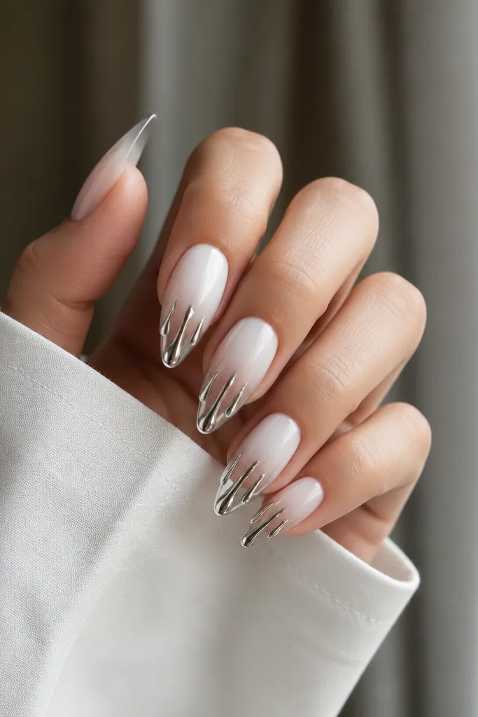 A milky white ombre fades from opaque white near the cuticle into sheer at the tips, with chrome "drip" shapes extending downward from the free edge.