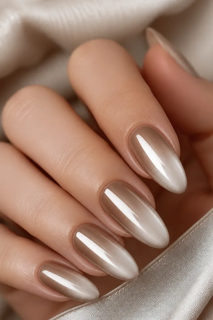 A taupe to cream gradient transitions smoothly, then champagne chrome is blended across the whole nail so it looks like the ombre itself turns metallic.