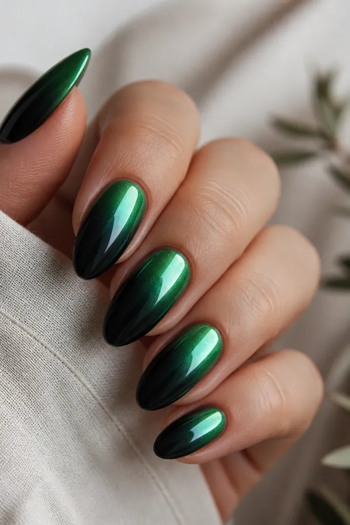 A blackened ombre base fades into emerald at the tip area, with emerald chrome reflecting sharply across the upper half of the nail.
