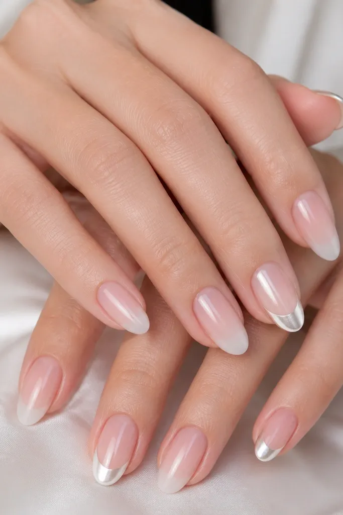 Some nails show a pearl ombre from pale pink to milky white, while alternating nails have a bright white chrome edge along the tips; overall looks like a coordinated set with alternating accents.