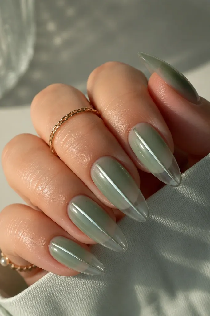 Sage green fades into clear at the tips, with a silver mirror stripe running down the center that starts near the cuticle and tapers toward the tip.