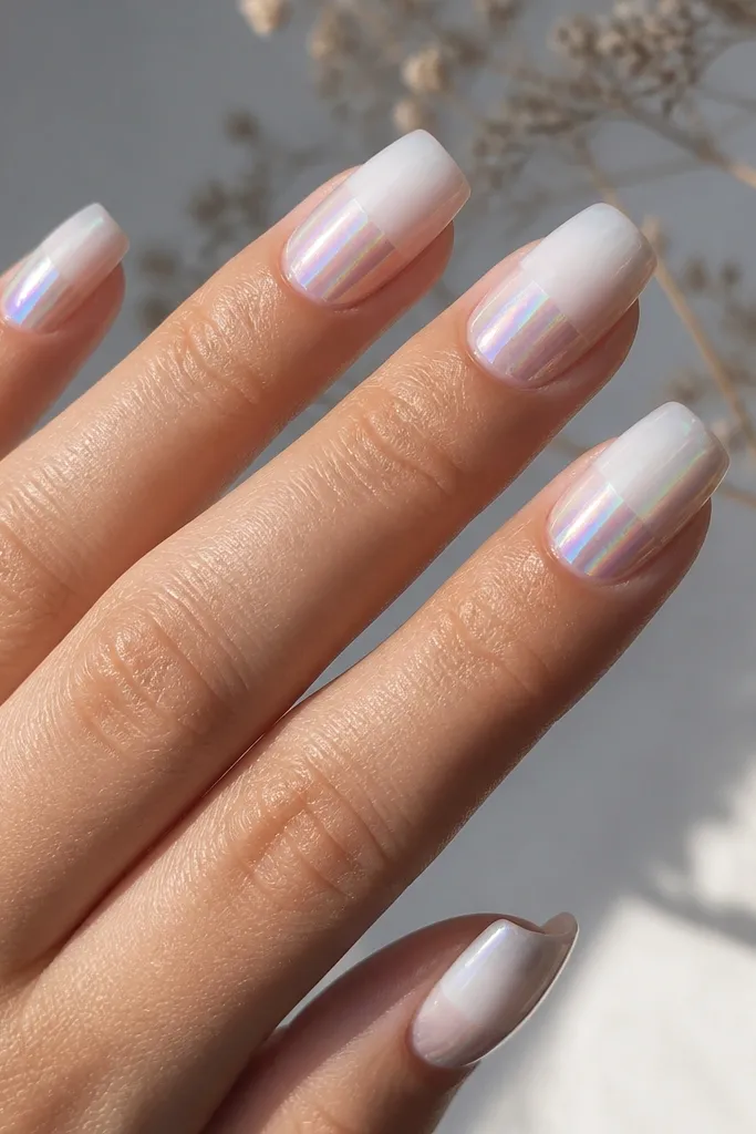 Nails fade from white at the cuticle to clear at the tip, with aurora chrome covering only the lower half like a reflective gradient block.