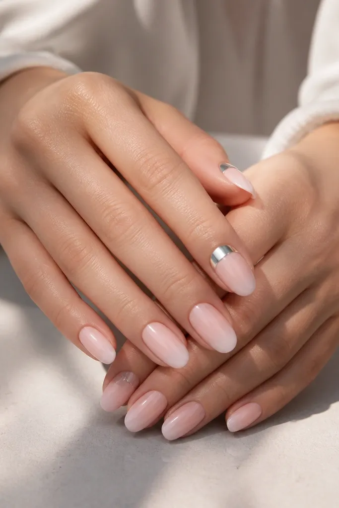 Most nails show nude ombre from cuticle to tips; thumbs have a mirror chrome reverse French band near the cuticle shaped like a thin arc.