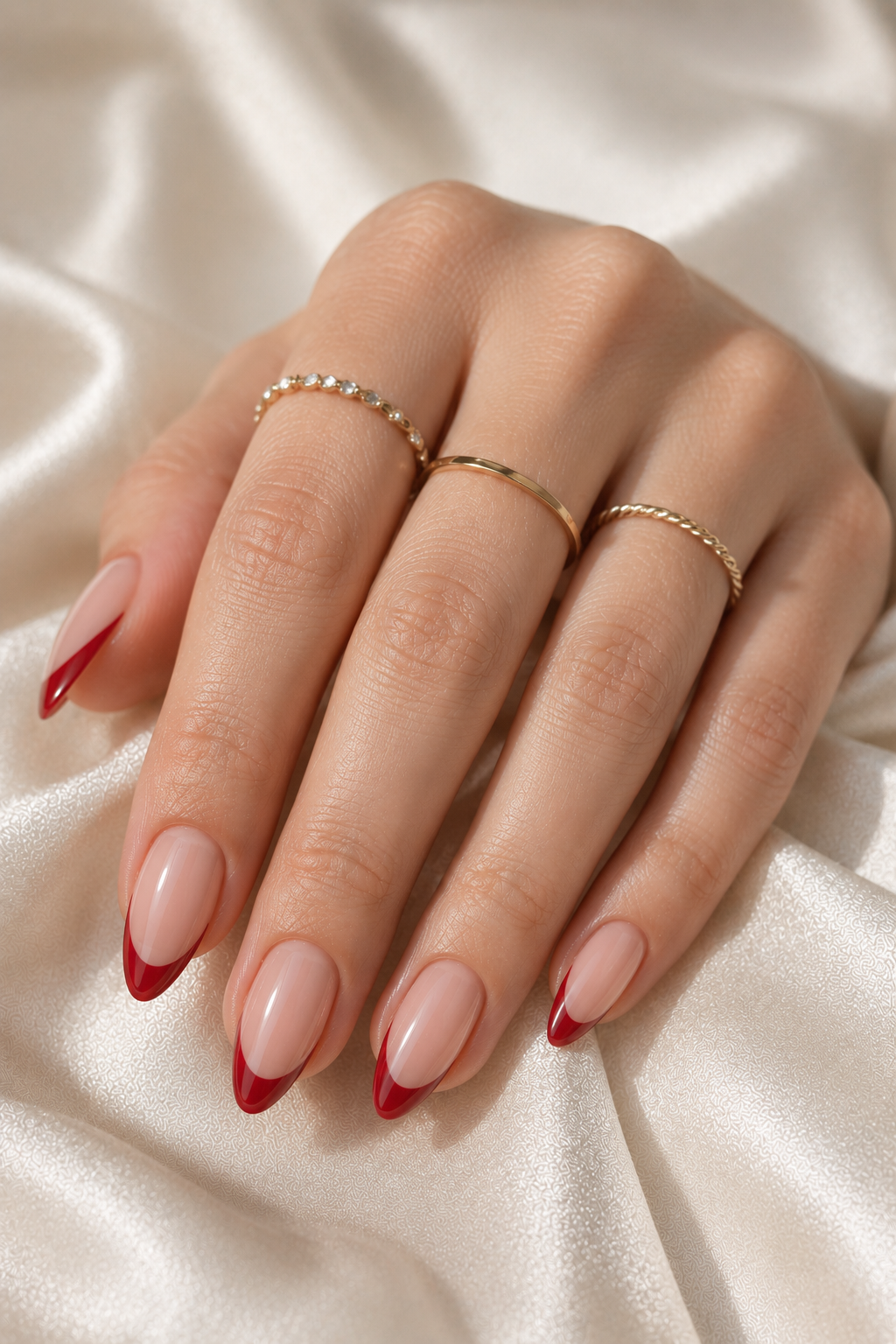 Short stiletto nails with a sheer nude base and crisp crimson French tips; the tips are thin and sharply tapered, with glossy shine.