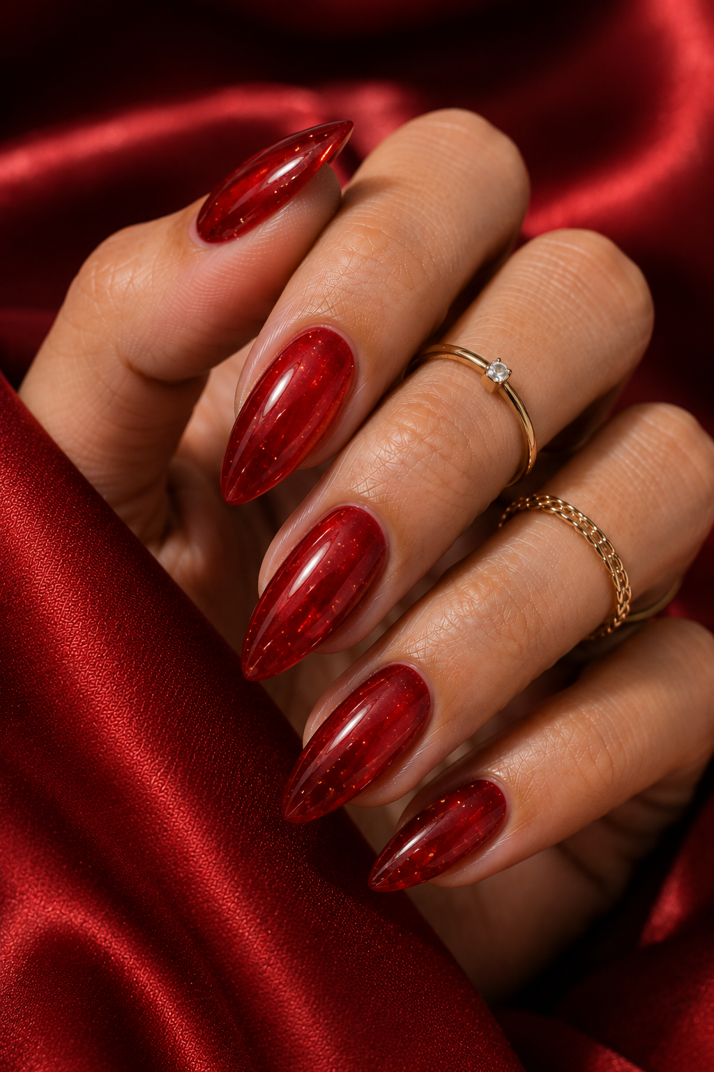 Short stiletto nails with a translucent glazed red jelly look; fine gold flecks are scattered near the center and the nails are glossy.