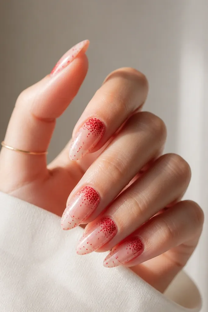 Short stiletto nails with a sheer nude base and scattered tiny red dots like confetti; dots are denser near the cuticle and sparser toward the tip.