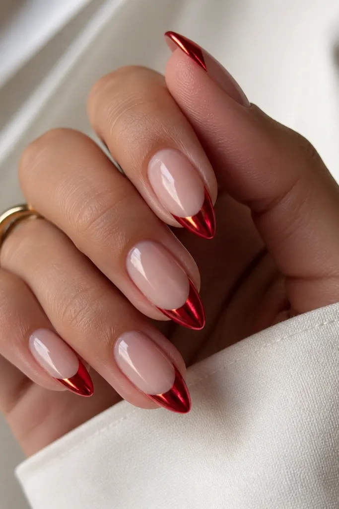 Short stiletto nails with a sheer nude base and a chrome red French tip; the tip looks metallic and reflective, tapering to a sharp point.