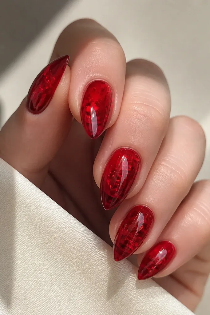 Short stiletto nails with a translucent red base; irregular red foil shards sit under the surface near the center, all glossy.