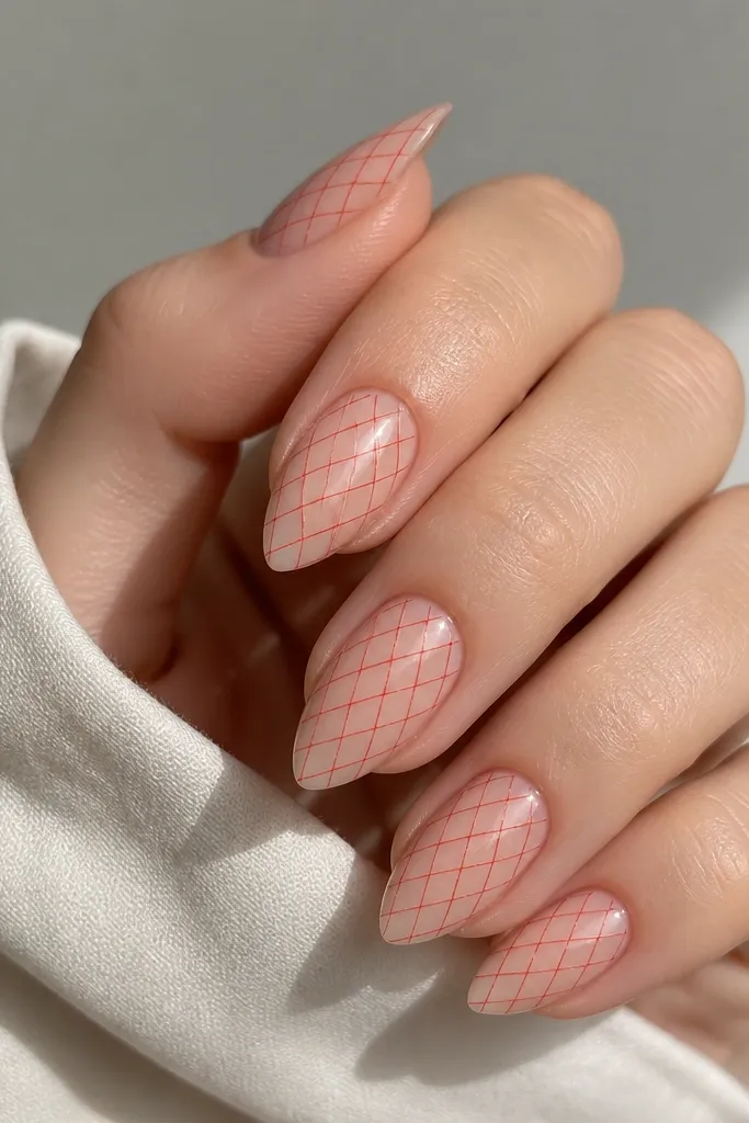 Short stiletto nails with a sheer nude base and thin red lines forming a micro lattice pattern across the nail surface; glossy finish.