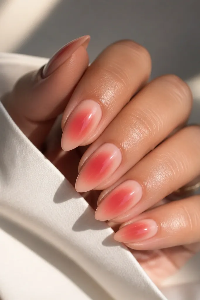 Short stiletto nails with a nude base; a red aura radiates around the center and slightly toward the tip, creating a soft glowing halo; glossy finish.