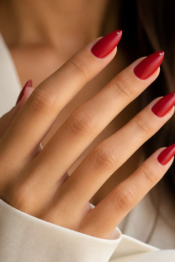 Short stiletto nails in red satin finish; each nail has a single tiny clear crystal placed near the tip point; the nails are smooth with a soft sheen.