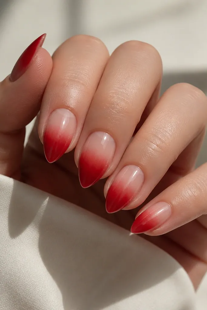 Short stiletto nails with a sheer nude base; red dip fades from the tip downward into the nail, with a smooth gradient; glossy finish.