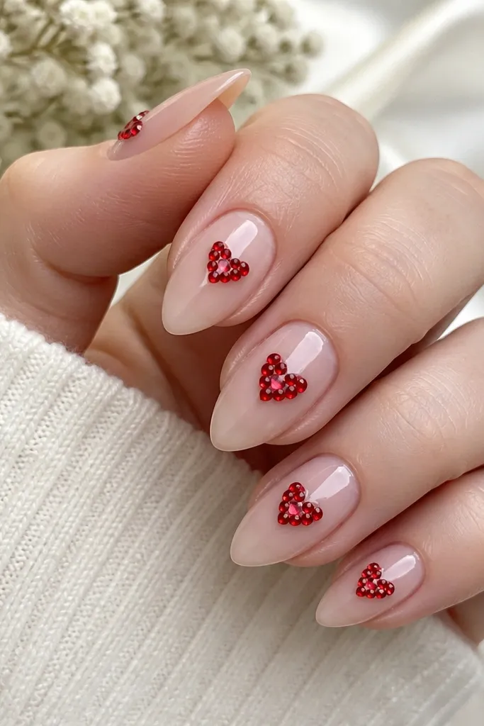 Short stiletto nails with a nude base; a red heart shape is filled with tiny rhinestones near the cuticle or center, glossy and sparkly.