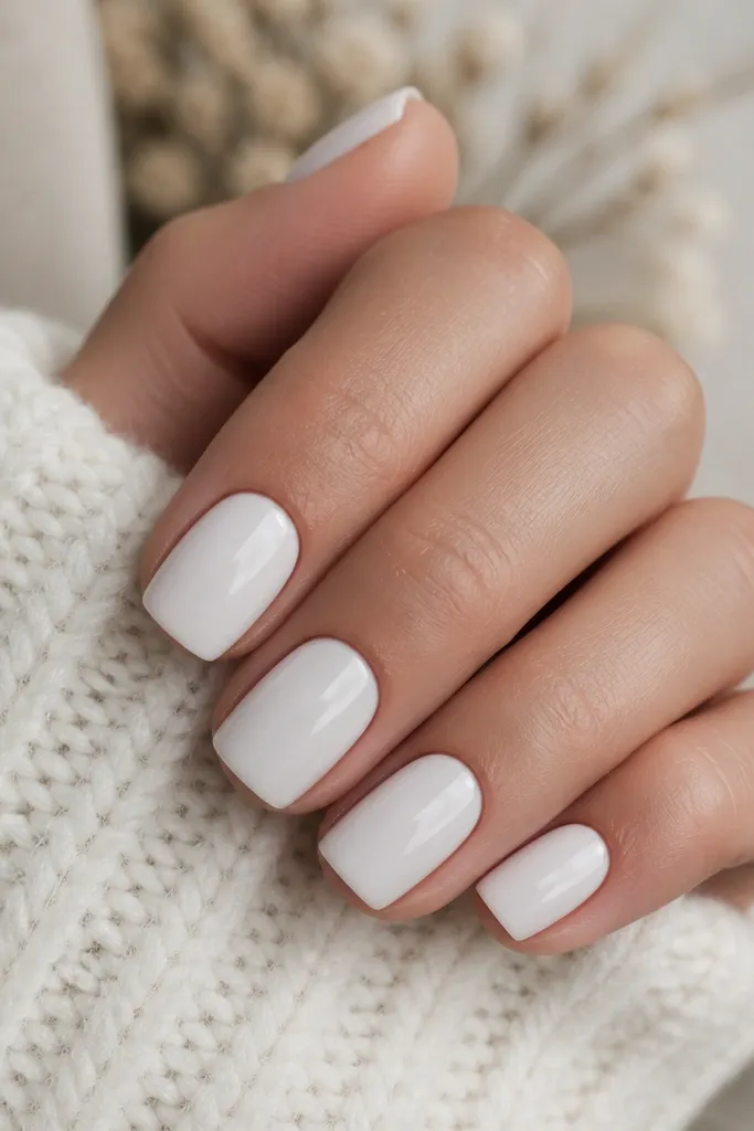 A hand with short square nails painted a creamy milky white in full coverage; glossy top coat reflects light evenly across all nails.