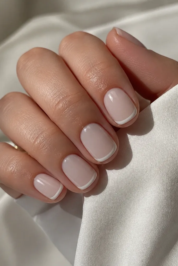Short nails with a milky white base and a super-thin French tip line, centered and slightly curved, with glossy shine.