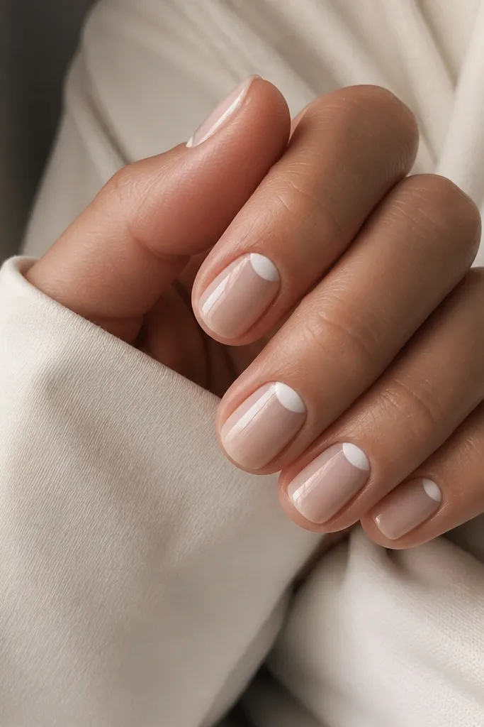 Short nails with a sheer nude base and a milky white half-moon shape at the cuticle, leaving the rest nude and glossy.