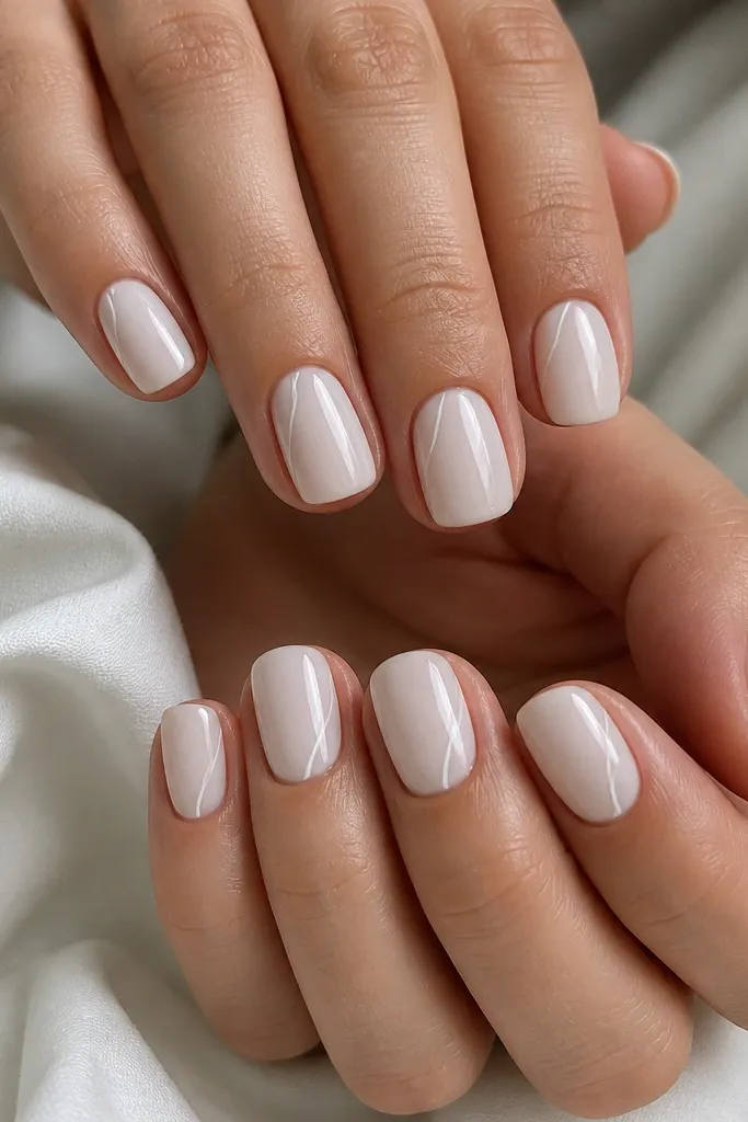 Short square nails in milky white with a single thin curved line near the side of each nail, alternating left and right, glossy finish.