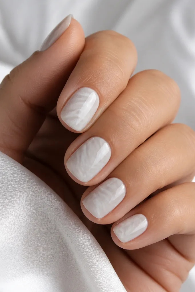 Short nails with milky white base and soft gray and milky swirls like marble streaks, glossy and smooth.