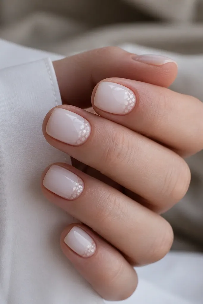 Short nails painted milky white with tiny translucent frosted dots clustered near the cuticle, glossy overall.