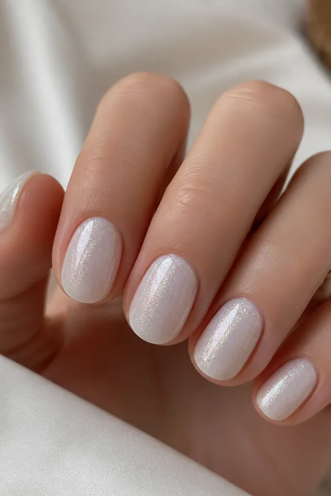 Short nails with milky white base and a subtle glittery aura gradient around the center, glossy top coat.