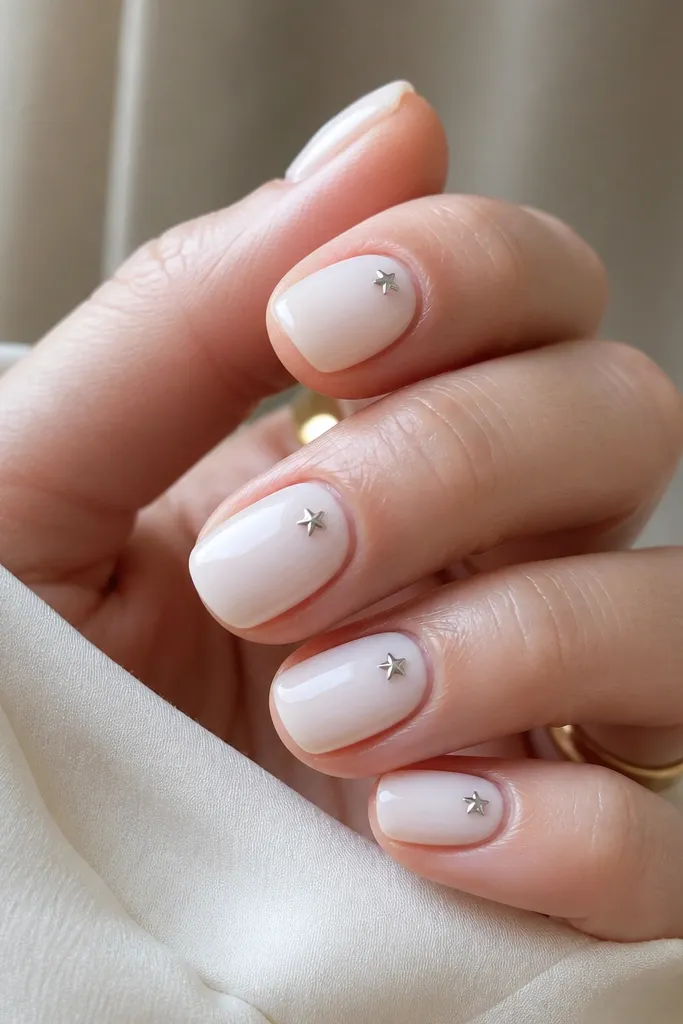Short nails in milky white with one tiny metallic star on each nail placed near the outer side, glossy.