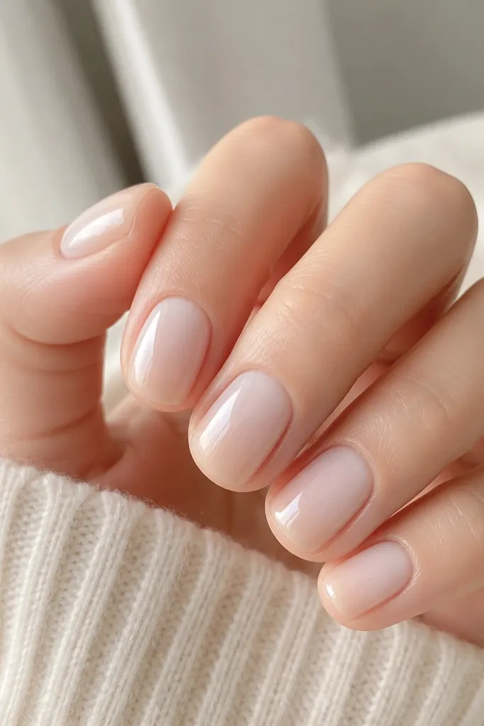 Short nails with milky white fading into a soft nude ombre at the tips, smooth gradient and glossy top coat.