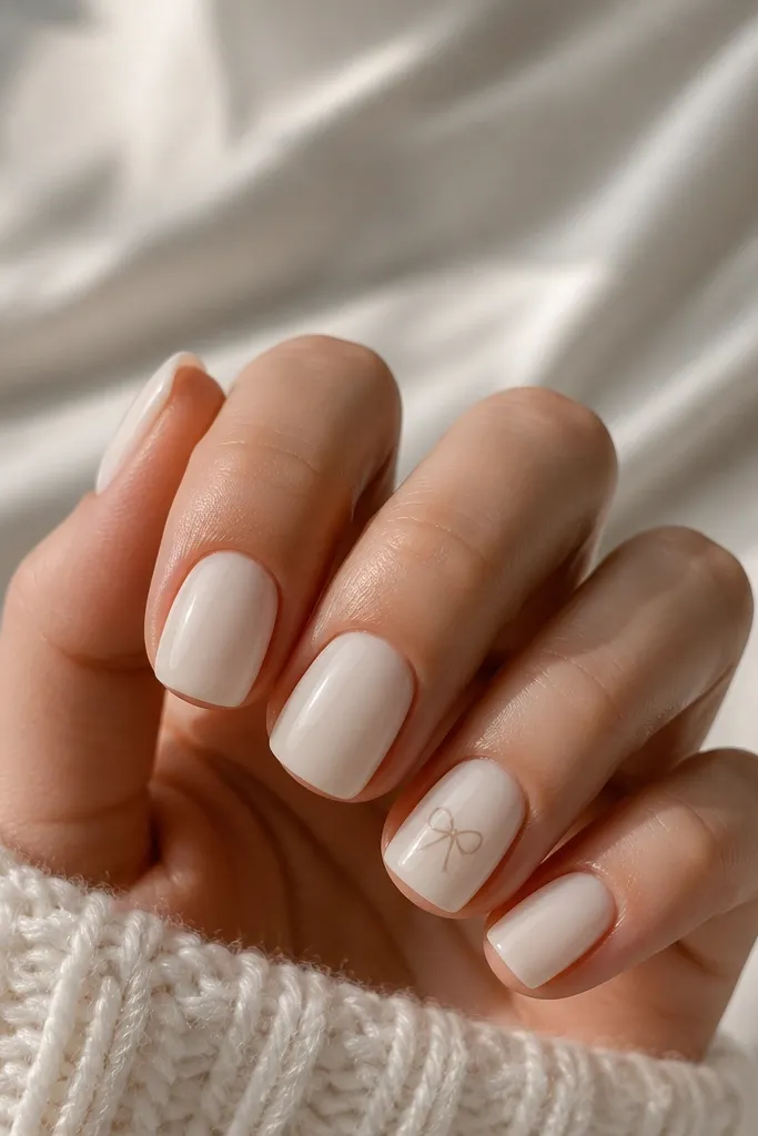 Short nails milky white with a tiny thin-line bow drawn at the center of one accent nail, glossy.
