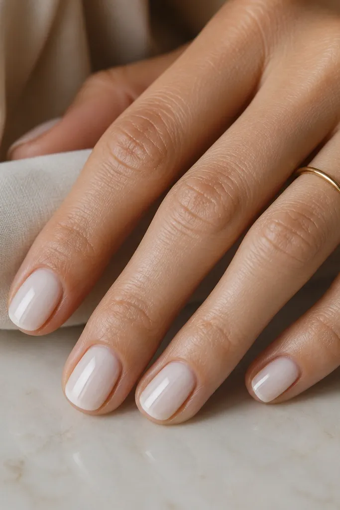 Short nails with milky white in the center outline shape, leaving thin negative space along the sides, glossy.