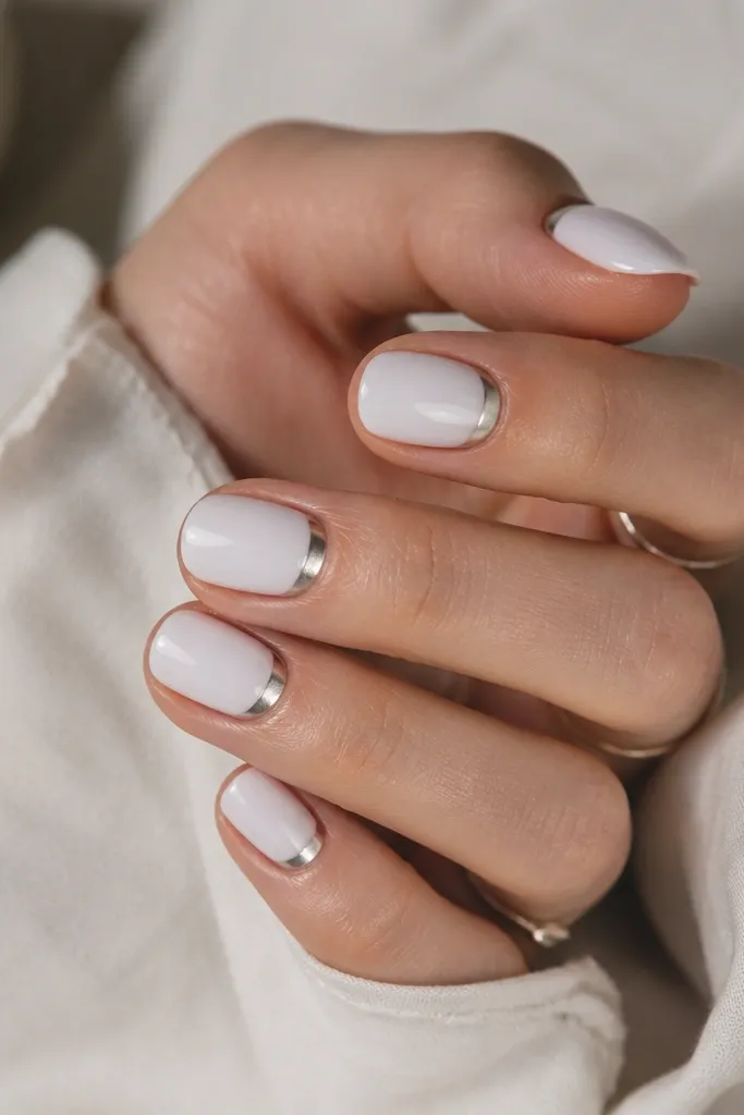 Short milky white nails with a small chrome crescent near the cuticle on each nail, glossy reflective finish.