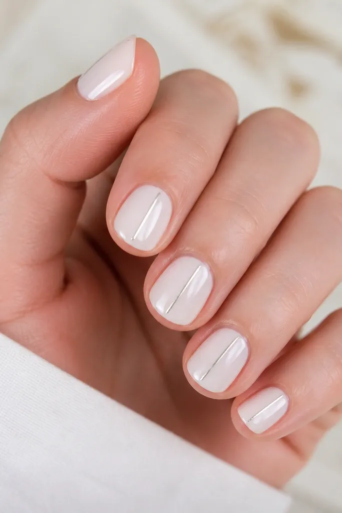 Short nails painted milky white with a single thin vertical pinstripe in pale silver running from near cuticle to the center, glossy.