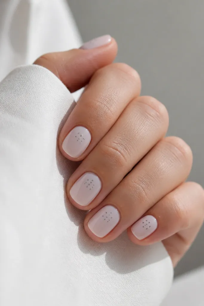 Short milky white nails with a tiny soft gray dot grid pattern in the center of each nail, glossy.