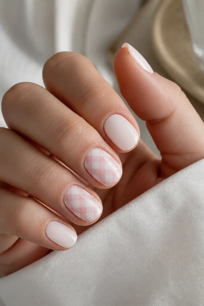 Short milky white nails with a diagonal check pattern in pale pink on one or two accent nails, glossy.