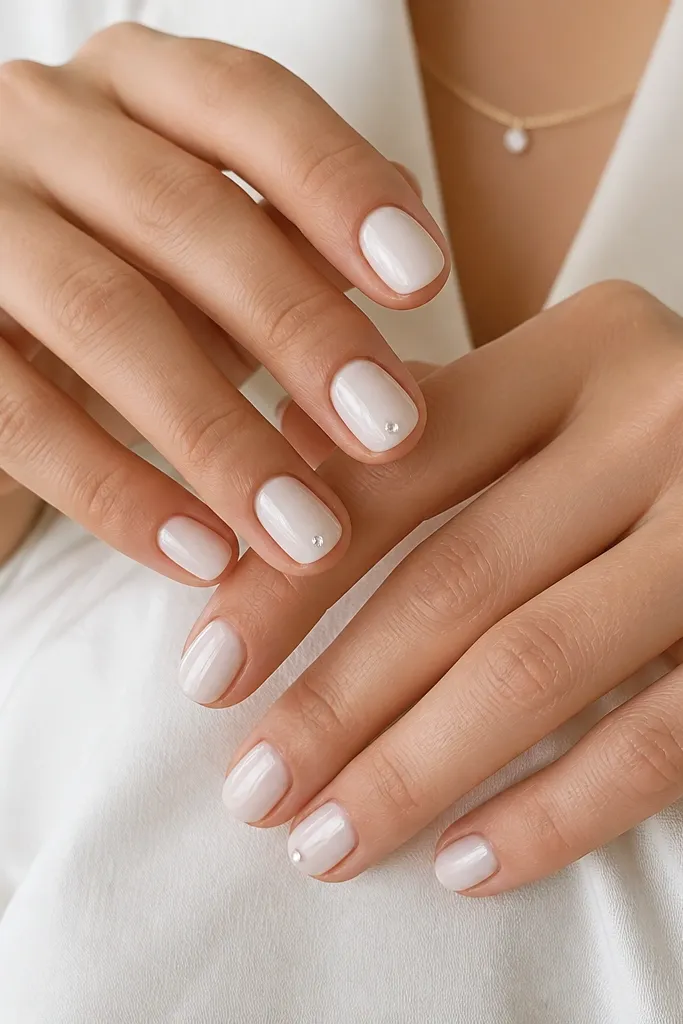 Short milky white nails with one clear rhinestone placed at the outer corner near the free edge on two nails, glossy.