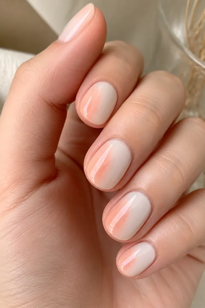 Short nails with milky white base and a watercolor peach tint fading along one side edge, glossy and soft.