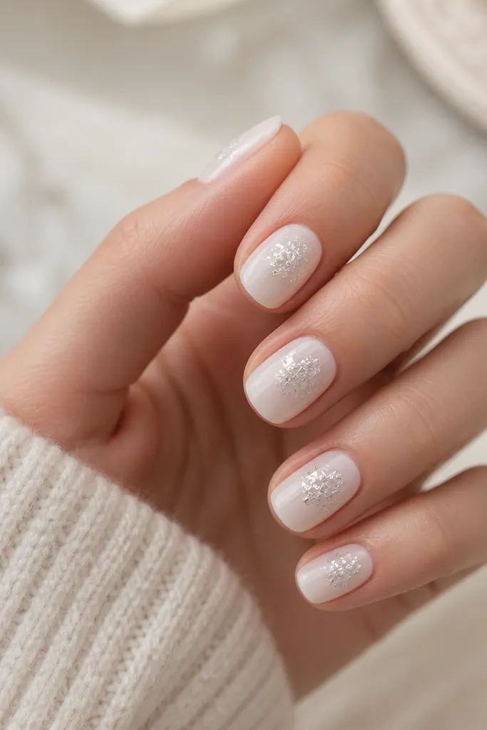 Short milky white nails with scattered tiny silver foil flakes concentrated near the center, glossy.