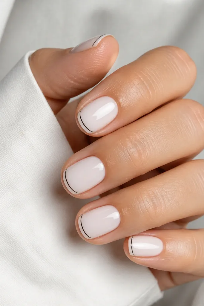 Short milky white nails with a thin black micro smile line near the free edge on each nail, glossy.
