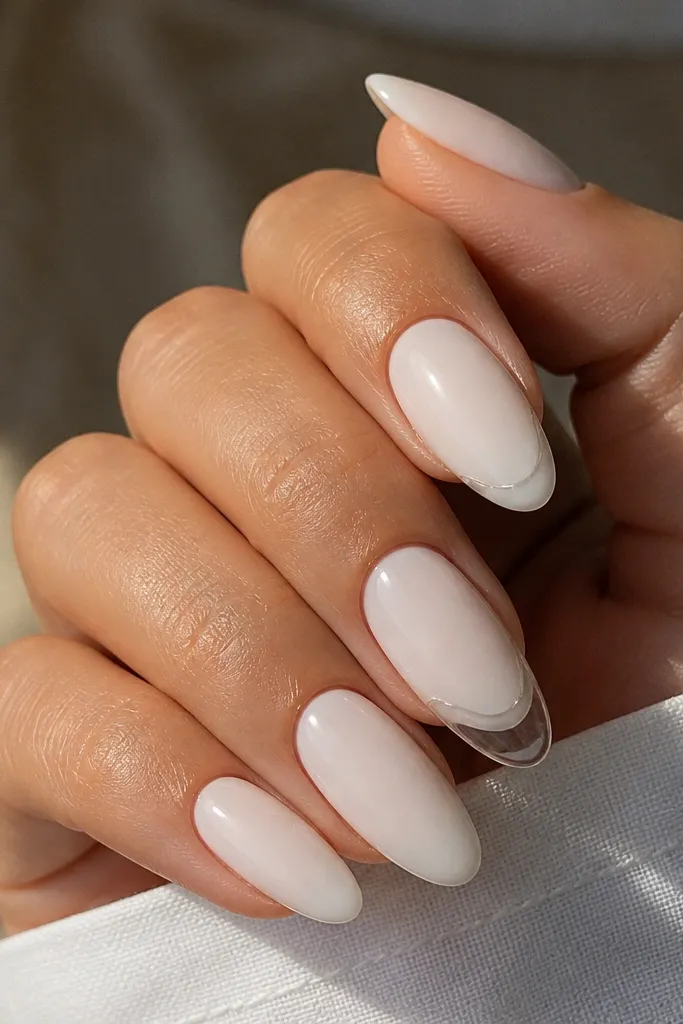Short rounded-square nails painted in sheer creamy milky white; only the very tip has a slightly thicker glossy white arc, leaving the rest translucent.