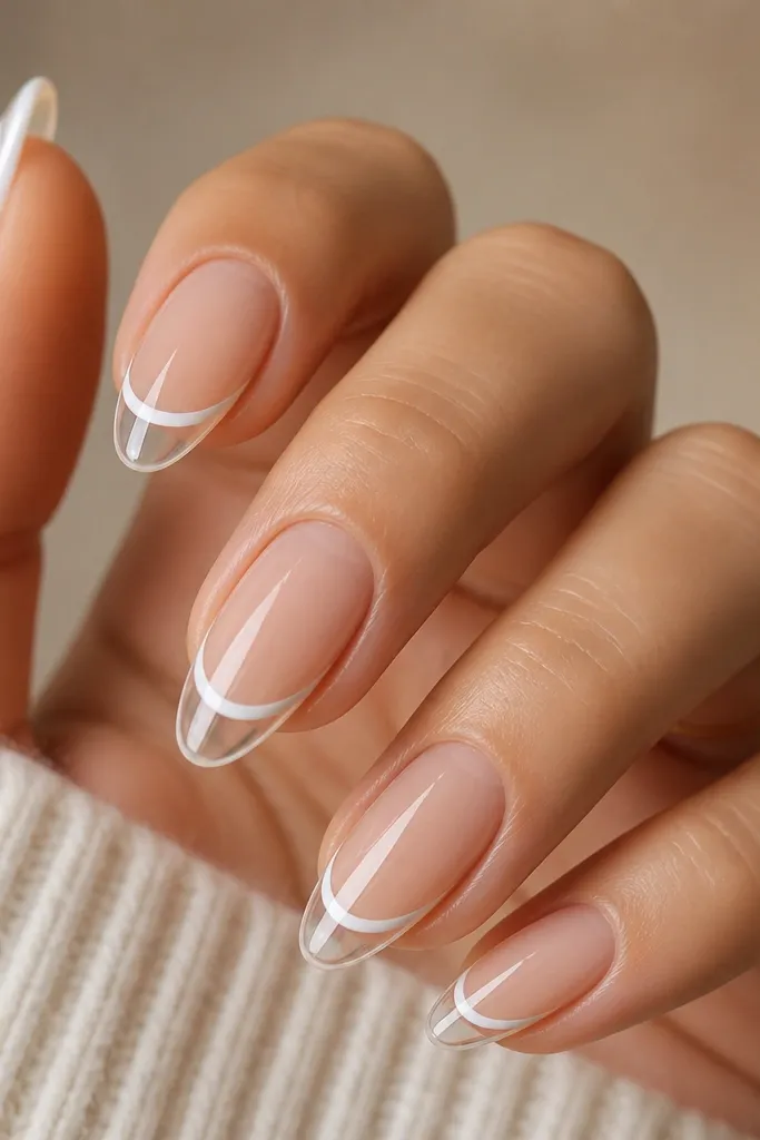 Short nails with a sheer milky white wash; the French line is a thin milky white stripe at the tip, with a tiny clear gap between stripe and free edge.