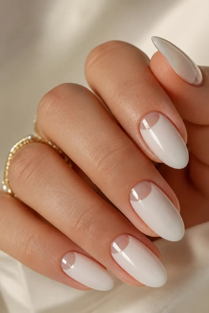 Short nails where the base is clear with a soft milky white half-moon at the cuticle, leaving the rest of the nail sheer and natural.