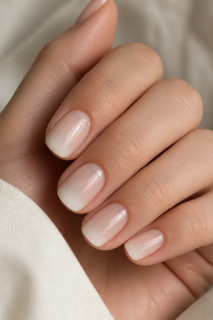 Short nails with milky white strongest at the free edge and fading to a sheer, almost clear center; smooth blend with glossy finish.
