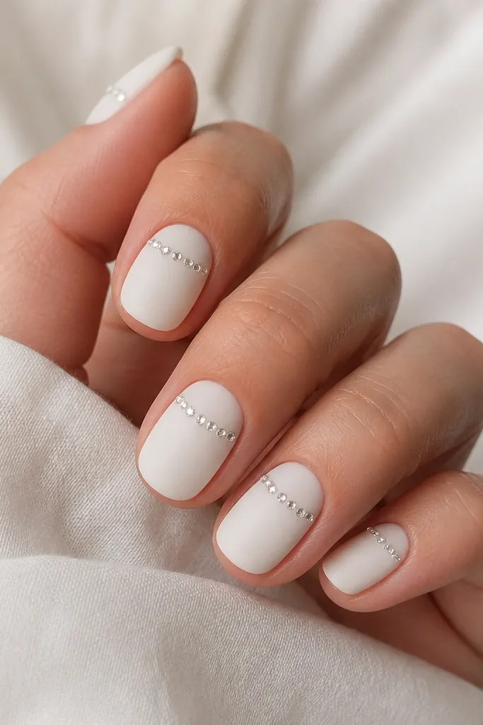 Short rounded nails painted matte milky white; one thin curved line of small clear rhinestones sits slightly off-center near the tip.