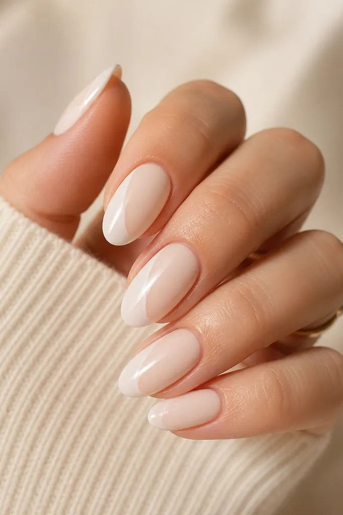 Short nails with a sheer milky base; a single milky white swoop sits on one side near the tip, like a curved accent line.