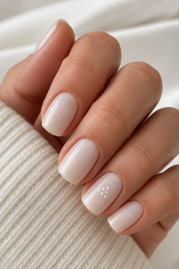 All nails are milky white sheer and glossy; the ring finger has a small cluster of tiny white dots arranged in a triangle near the center.
