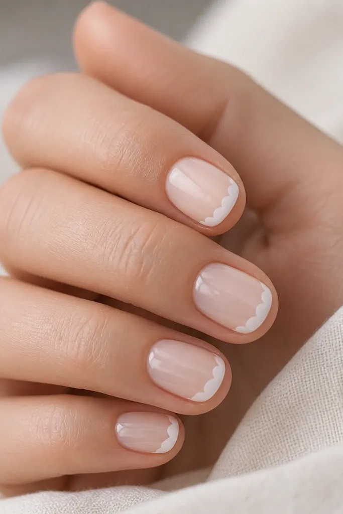 Short nails with a sheer milky base; the tips have a scalloped edge made of tiny semi-circles in milky white, glossy top coat.